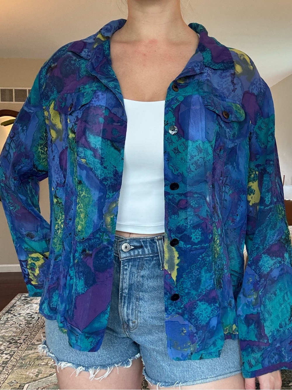 Women's Teal & Purple Abstract Print Button-Front Silk blouse